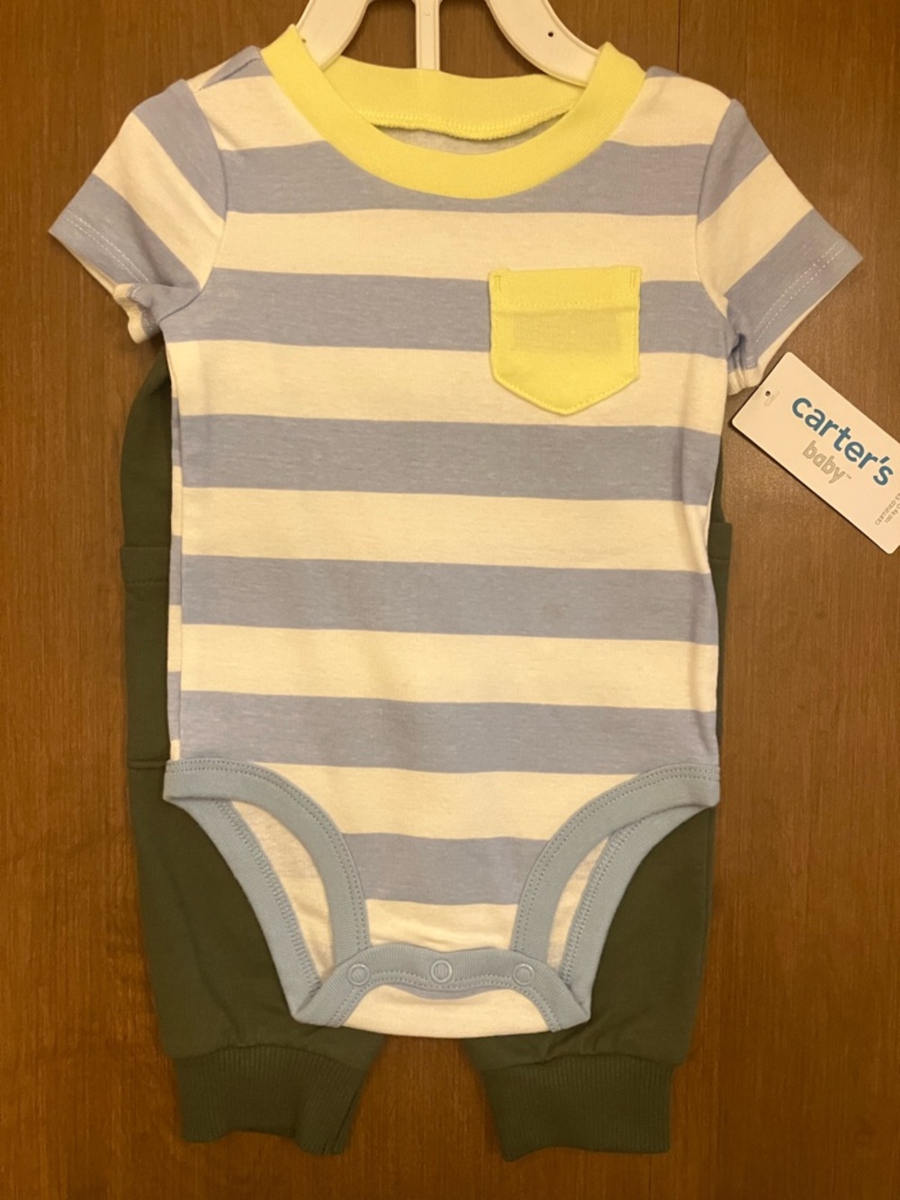 6M Set- Blue & White Striped Bodysuit with Yellow Pocket + Green Jogger Pants